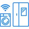Ikona przedstawia niebieski symbol pralki z sygnałem Wi-Fi obok lodówki z ekranem. Oba urządzenia są stylizowane i uproszczone graficznie.