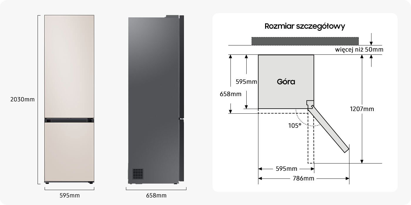 Obraz przedstawia dwie lodówki w kolorach beżowym i ciemnoszarym oraz schemat z wymiarami. Wymiary lodówki to 2030 mm wysokości, 595 mm szerokości i 658 mm głębokości, a schemat pokazuje szczegóły montażowe z kątem otwarcia drzwi 105 stopni.