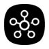 Czarna ikona z białym symbolem przypominającym sieć z centralnym punktem i pięcioma połączonymi okręgami.
