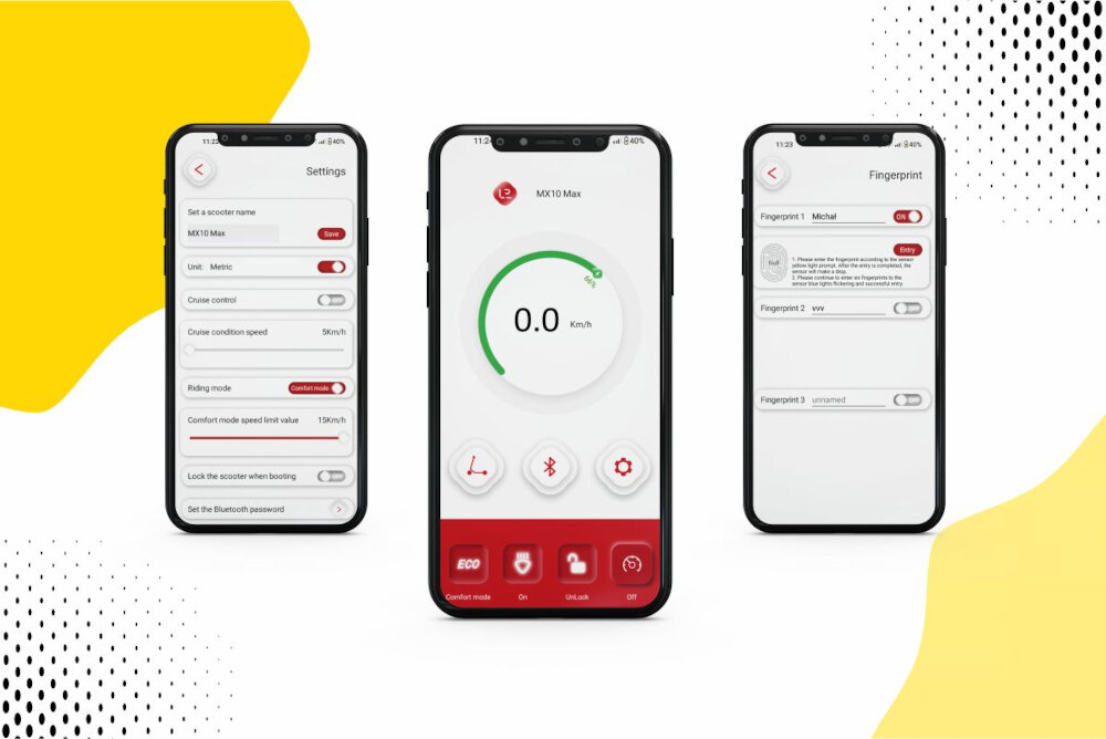 Trzy smartfony wyświetlają aplikację z ustawieniami hulajnogi elektrycznej XRIDER MX10 Max. Na ekranach widoczne są opcje takie jak prędkość, tryb jazdy oraz ustawienia odcisków palców.