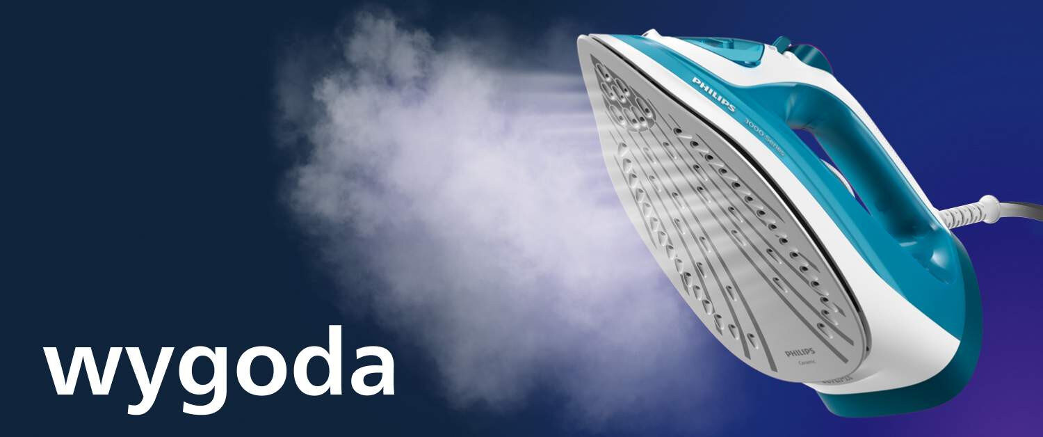 Obraz przedstawia żelazko z widoczną parą wydobywającą się z otworów w stopie. Na ciemnym tle widnieje napis \'wygoda\'.