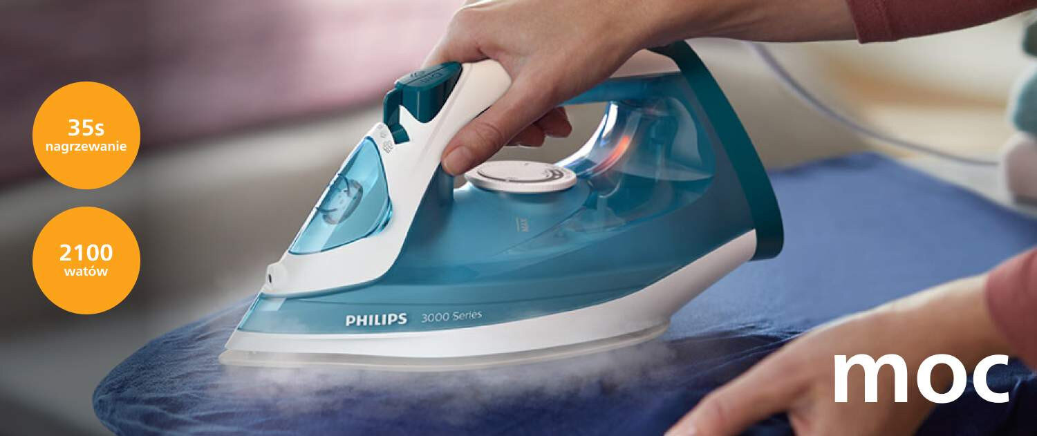 Na zdjęciu widać żelazko marki PHILIPS 3000 Series, które prasuje niebieski materiał. Obok żelazka znajdują się napisy: \'35s nagrzewanie\', \'2100 watów\' oraz \'moc\'.