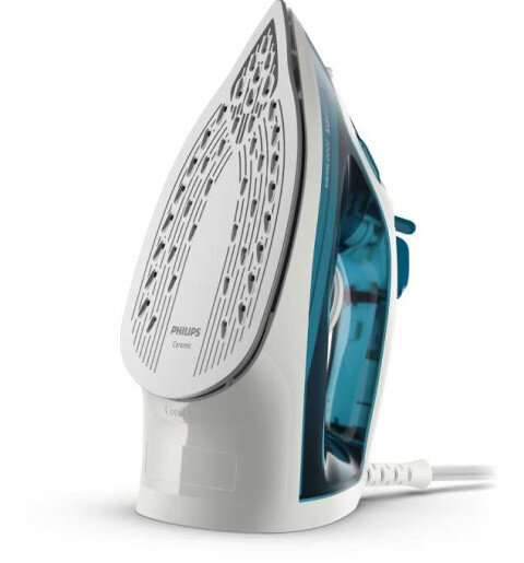 Żelazko z białą i niebieską obudową, widoczne logo \'PHILIPS\' oraz napis \'Ceramic\' na stopie. Produkt posiada przezroczysty zbiornik na wodę i przewód zasilający.