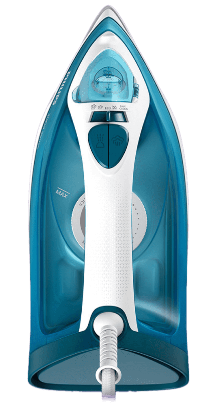 Żelazko w kolorze niebiesko-białym z widocznym logo \'PHILIPS\' na górze. Na uchwycie znajdują się dwa przyciski oraz oznaczenie poziomu wody \'MAX\'.