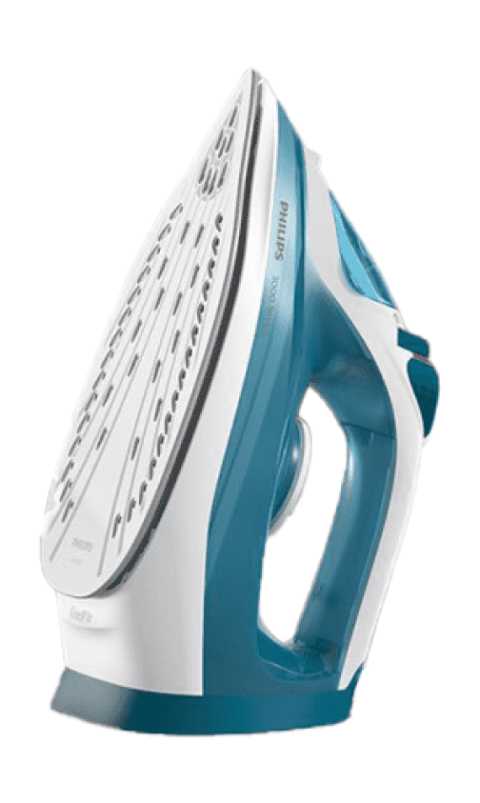 Żelazko w kolorze białym i niebieskim z widoczną stopą z otworami. Na obudowie znajduje się napis \'PHILIPS 3000 Series\'.