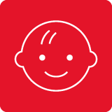 Czerwona ikona z białym symbolem uśmiechniętej twarzy dziecka.