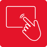 Czerwona ikona z białym symbolem dłoni dotykającej prostokąt, co sugeruje funkcję dotykową.