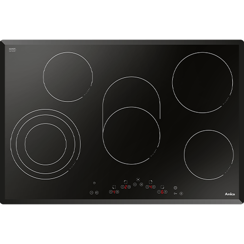 Czarna płyta ceramiczna z pięcioma okrągłymi polami grzewczymi i dotykowym panelem sterowania. Widoczne logo \'Amica\' w prawym dolnym rogu.