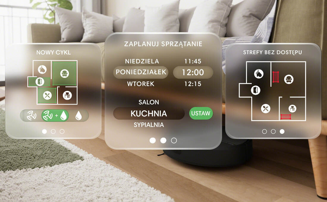 Na obrazie widoczne są trzy przezroczyste panele z informacjami dotyczącymi planowania sprzątania. Panele zawierają teksty: \'NOWY CYKL\', \'ZAPLANUJ SPRZĄTANIE\', \'STREFY BEZ DOSTĘPU\', oraz szczegóły dotyczące dni i godzin sprzątania, a także pomieszczeń takich jak \'KUCHNIA\' i \'SYPIALNIA\'.