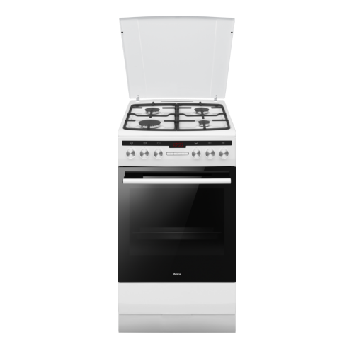 Biała kuchenka gazowo-elektryczna z czterema palnikami i piekarnikiem z czarnymi drzwiczkami. Na panelu sterowania znajdują się pokrętła i wyświetlacz cyfrowy.