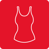 Czerwona ikona z białym konturem sukienki na środku.