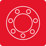 Czerwony kwadrat z białym symbolem przedstawiającym okrąg z sześcioma mniejszymi okręgami wokół niego, przypominający łożysko.