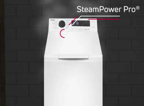 Biała pralka z panelem sterowania na górze, z widocznym logo \'Amica\' i napisem \'SteamPower Pro\'.