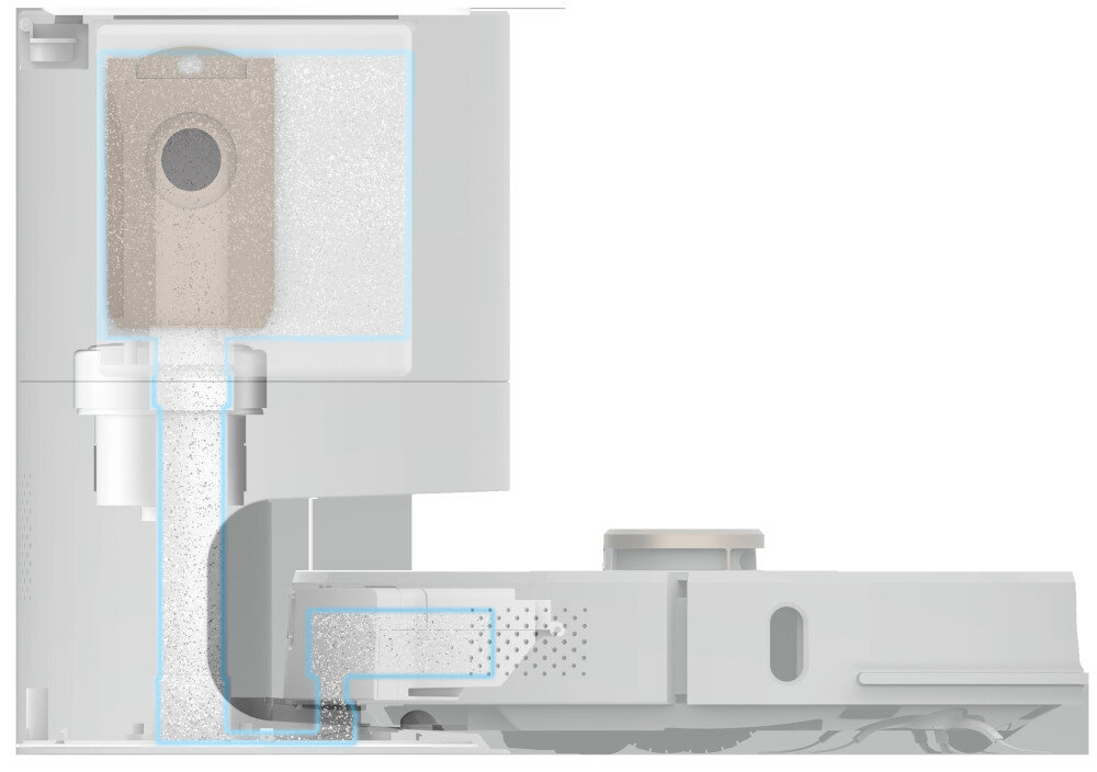 Przekrój robota sprzątającego z widocznym systemem przepływu powietrza i workiem na kurz. Elementy wewnętrzne są oznaczone niebieskimi liniami.