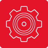 Czerwony kwadrat z białym symbolem koła zębatego w środku.