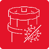 Czerwony kwadrat z białym konturem filtra i przekreślonym symbolem wirusa.