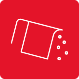 Czerwony kwadrat z białym symbolem przedstawiającym pojemnik z wysypującymi się kropkami, sugerującymi proszek lub granulki.