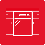 Ikona przedstawia zarys zmywarki na czerwonym tle z białymi liniami symbolizującymi ruch lub działanie urządzenia.