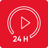 Czerwona ikona z białym symbolem odtwarzania w okręgu i napisem \'24 H\'.