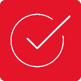 Czerwony kwadrat z białym okręgiem i białym symbolem zaznaczenia wewnątrz.