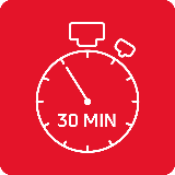 Czerwona ikona z białym symbolem stopera i napisem \'30 MIN\'.