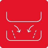 Czerwony kwadrat z białymi liniami przedstawiającymi dwa poziomy zmywarki i strzałki wskazujące przepływ wody.