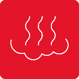 Czerwony kwadrat z białym symbolem pary składającym się z trzech falistych linii.