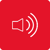 Czerwona ikona z białym symbolem głośnika i falami dźwiękowymi.