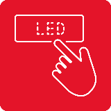 Czerwona ikona z białym napisem \'LED\' oraz symbolem dłoni wskazującej na napis.