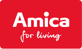 Logo Amica na czerwonym tle z białym napisem \'Amica for living\'.