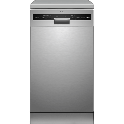 Zmywarka w kolorze srebrnym z panelem sterowania na górze, na którym widoczne jest logo \'Amica\'. Panel zawiera przyciski i wyświetlacz cyfrowy.