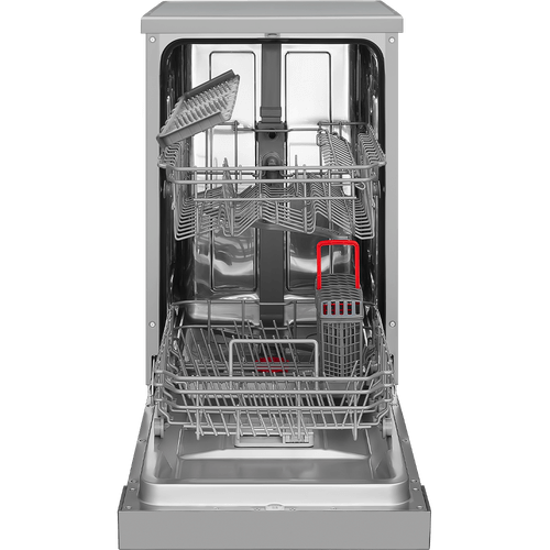 Wnętrze zmywarki z widocznymi dwoma poziomami koszy na naczynia oraz pojemnikiem na sztućce. W środku znajdują się metalowe kosze i plastikowe elementy w kolorze czerwonym.