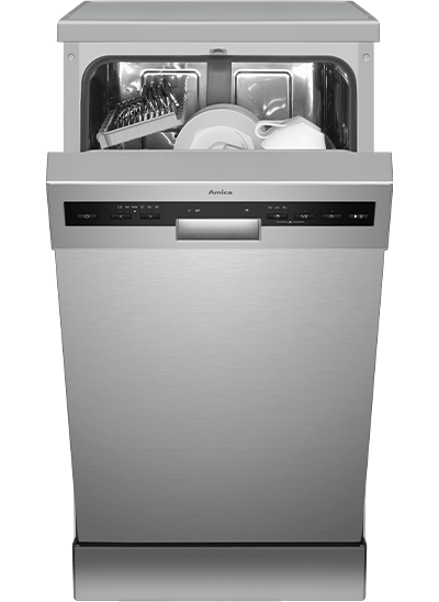 Zmywarka w kolorze srebrnym z otwartymi drzwiami, ukazująca wnętrze z naczyniami. Na panelu widoczne jest logo \'Amica\' oraz przyciski sterujące.