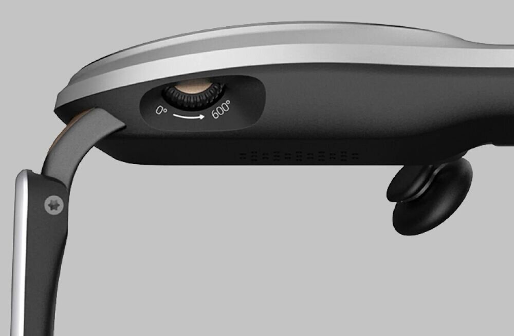 Zbliżenie na czarną oprawkę okularów z regulacją kąta od 0° do 600° oraz widocznym elementem mocującym z śrubą.