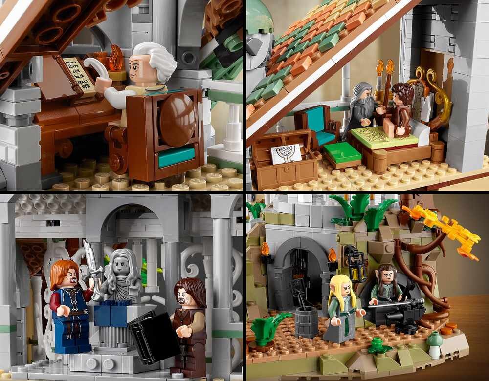 Zestaw LEGO przedstawiający sceny z Rivendell z Władcy Pierścieni, z widocznymi minifigurkami postaci oraz szczegółowymi elementami architektonicznymi. Widać postacie przy biurku, na łóżku, przy posągu oraz w ogrodzie z drzewem.