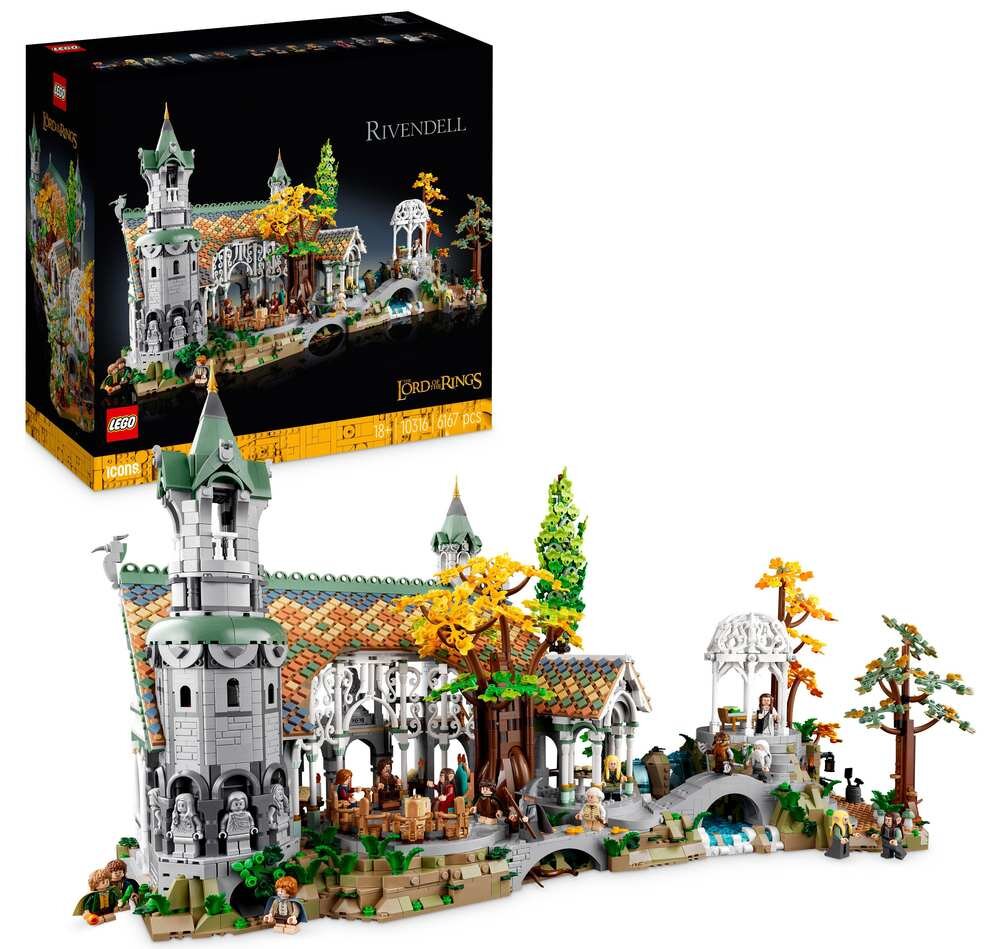 Zestaw LEGO przedstawiający Rivendell z serii Władca Pierścieni, z widocznymi szczegółowymi elementami architektury i postaciami. W tle pudełko z napisem \'Rivendell\' i logo LEGO.
