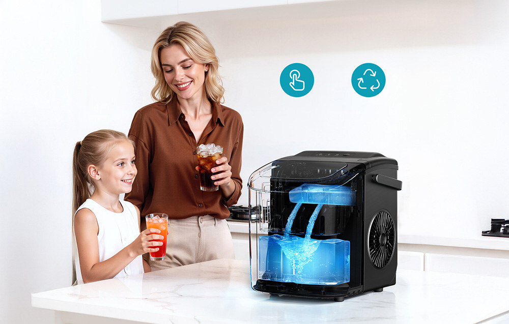 Kostkarka do lodu EUHOMY IM001 Czarny  Automatyczne czyszczenie funkcję samooczyszczania higiena automatyczny cykl trwający około 30 minut System eliminuje do 99% bakterii Producent zaleca regularne odkamienianie urządzenia raz w miesiącu stosowanie dedykowanego środka czyszczącego EUHOMY zdjęcie lifestyle
