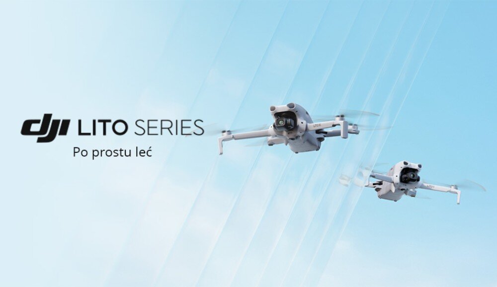 Dron DJI Lito X1 logo firmy z napisem LITO SERIES oraz hasłem Po prostu leć na tle jasnoniebieskiego nieba z dwoma lecącymi dronami