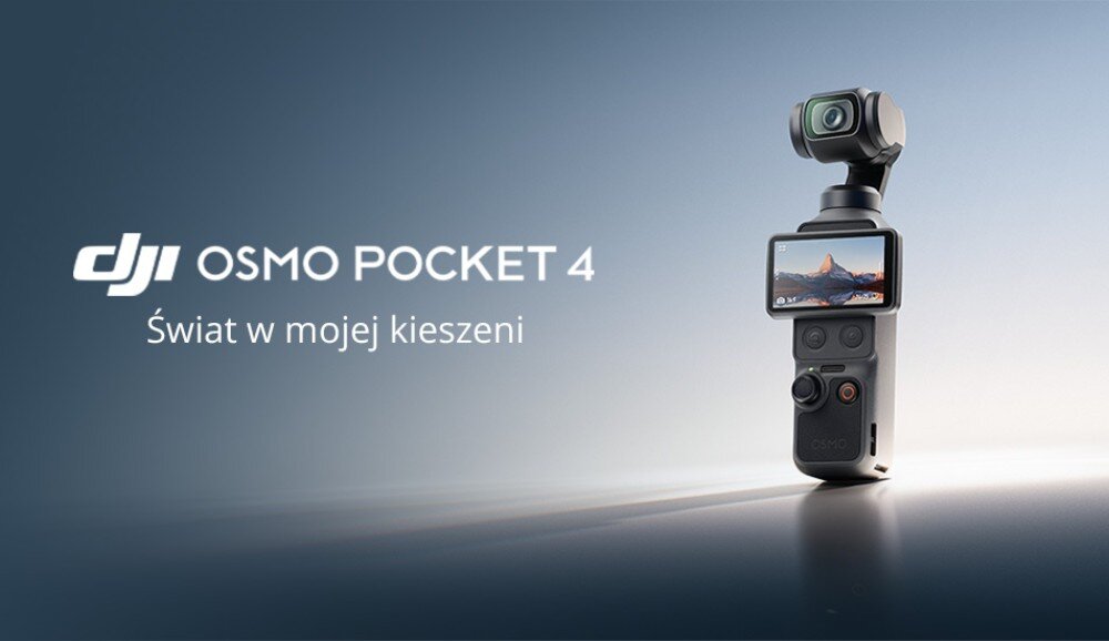 Kamera sportowa DJI OSMO POCKET 4 grafika reklamowa przedstawiająca urządzenie z kamerą ustawione pionowo na gładkiej powierzchni, obok napis dji osmo pocket 4 świat w mojej kieszeni