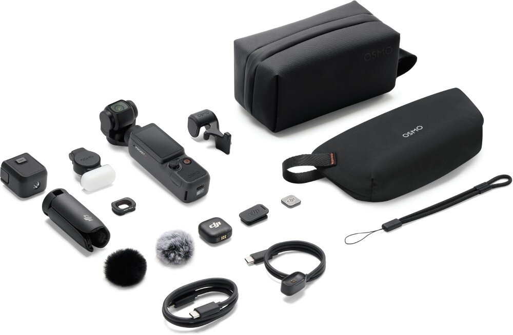 Kamera sportowa DJI OSMO POCKET 4 czarne urządzenie z kamerą, etui z napisem 'osmo', kabel usb, smycz i adaptery ułożone na białym tle