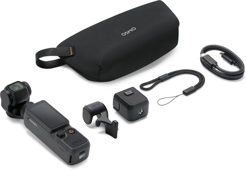 Kamera sportowa DJI OSMO POCKET 4 czarne urządzenie z kamerą, etui z napisem 'osmo', kabel usb, smycz i adaptery ułożone na białym tle