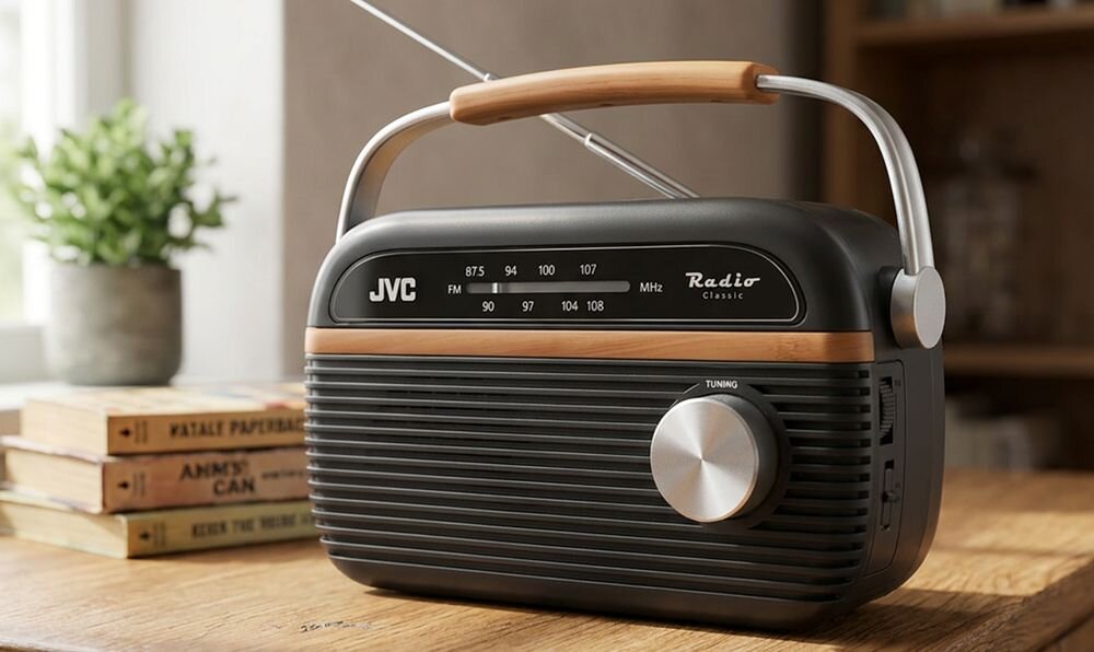 JVC RA-E215G Radio FM analogowy tuner 87,5–108 MHz prosta obsługa kompaktowa obudowa, radio stojące na blacie w pomieszczeniu