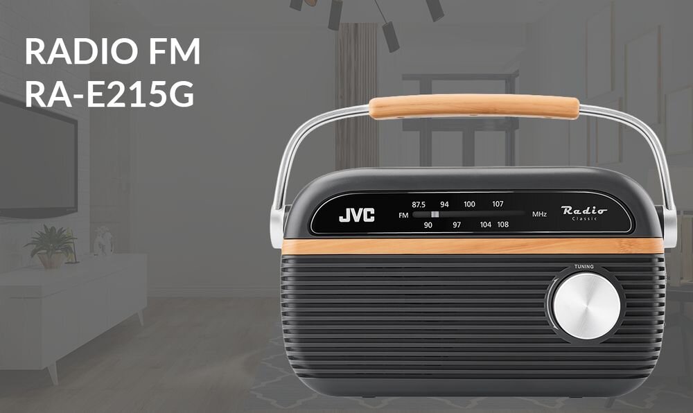 JVC RA-E215G radio FM analogowy tuner 87,5-108 MHz pokrętło strojenia łatwa obsługa, radio od frontu na tle pokoju