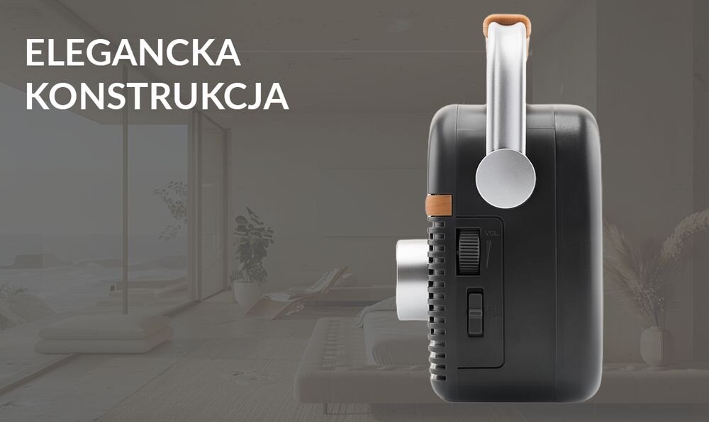 JVC RA-E215G radio FM kompaktowe przenośne antena teleskopowa kuchnia warsztat taras, radio po boku na tle pomieszczenia