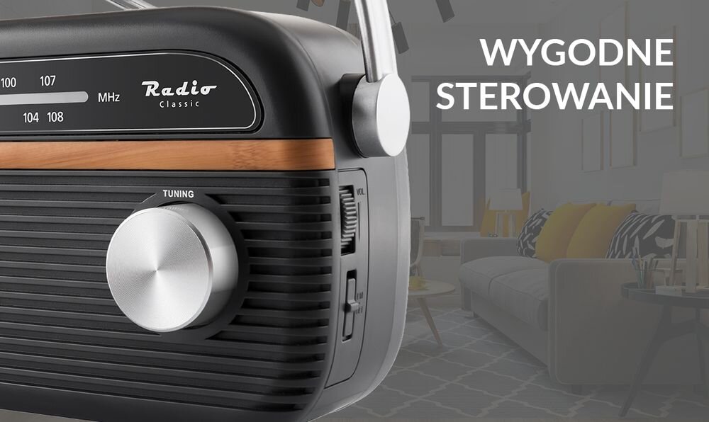 JVC RA-E215G radio FM pokrętła regulacja głośności strojenie stacji prosta obsługa, kadr na sterowanie radia na tle pomieszczenia