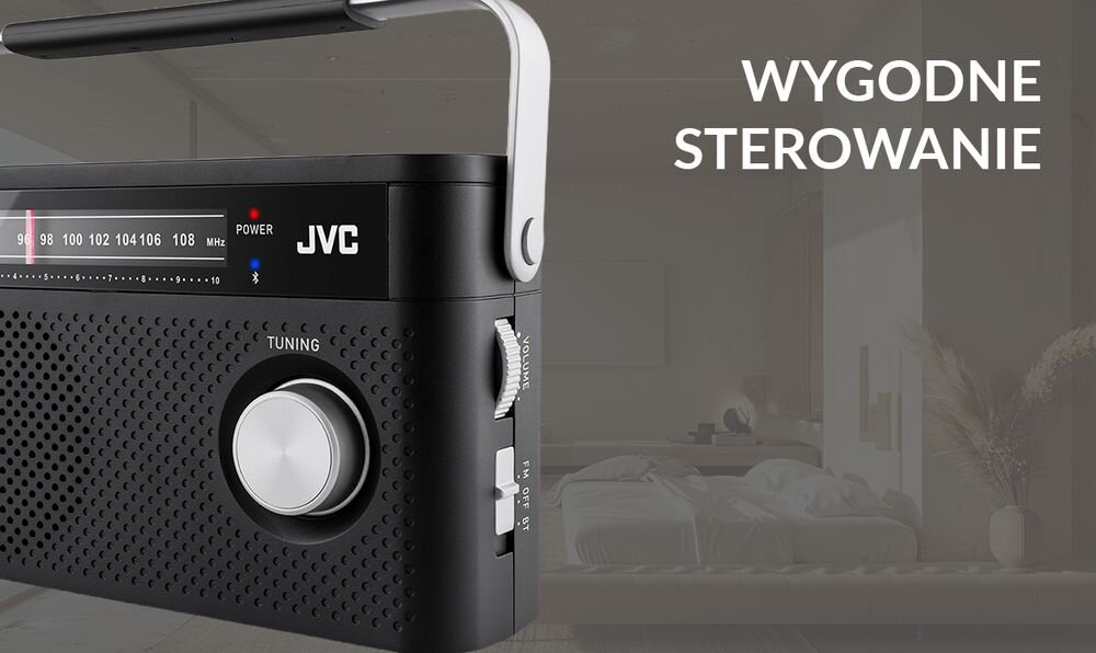 JVC RA-E315B radio FM pokrętła Bluetooth prosta obsługa kuchnia sypialnia działka, radio po skosie na tle pomieszczenia