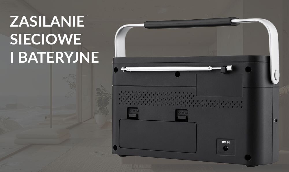 JVC RA-E315B radio FM 4 baterie AA zasilanie sieciowe uchwyt przenośny ogród taras altana, radio od tyłu na tle pomieszczenia
