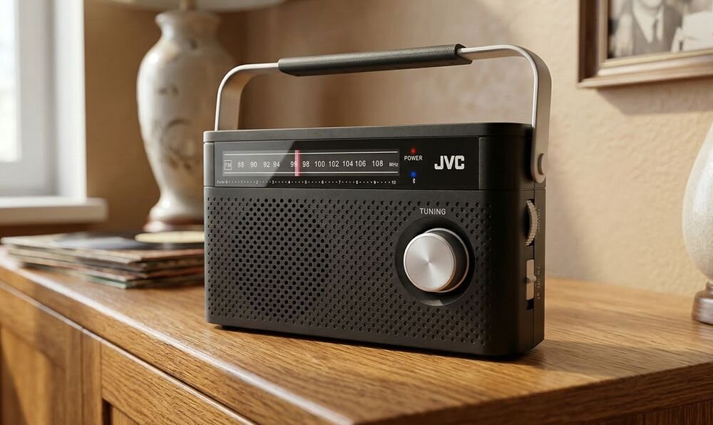 JVC RA-E315B radio FM Bluetooth głośnik 2W wyjście słuchawkowe prywatny odsłuch, radio stojące na komodzie w pomieszczeniu