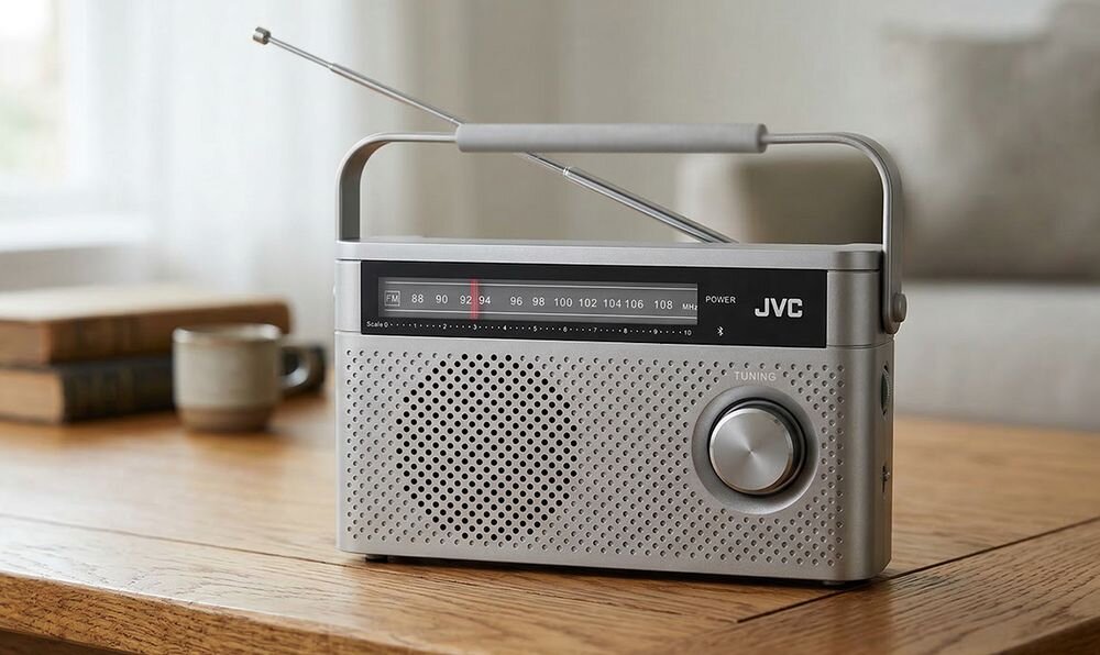JVC RA-E315G radio FM Bluetooth 87,5–108 MHz prosta obsługa kompaktowa obudowa, radio stojące na komodzie w pomieszczeniu