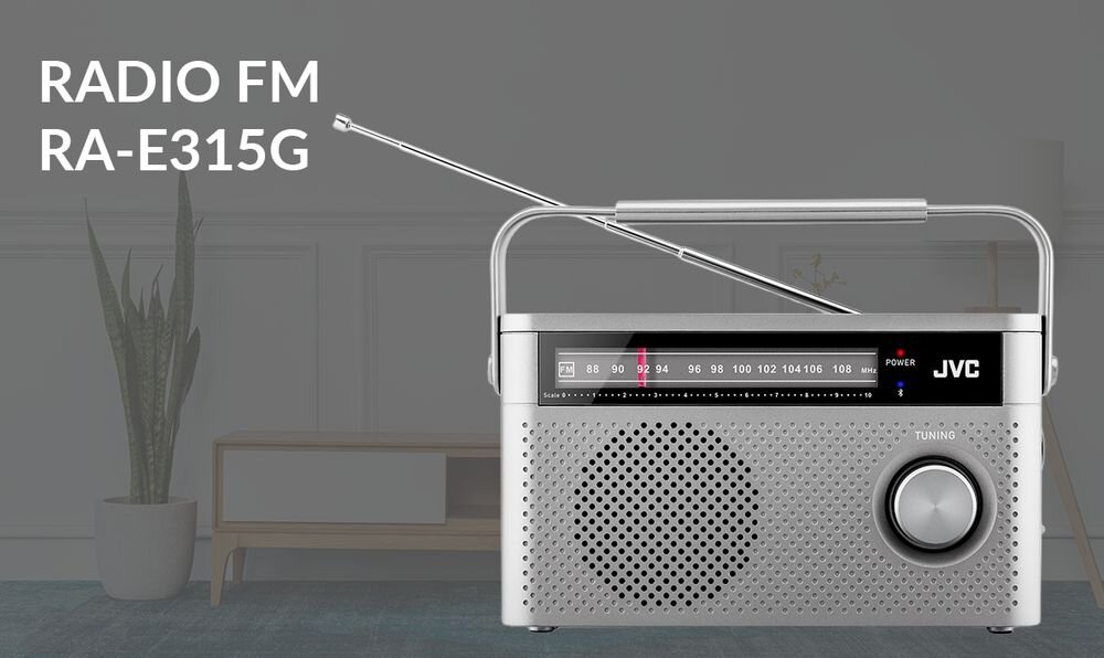 JVC RA-E315G radio FM Bluetooth 87,5–108 MHz tuner analogowy streaming muzyki telefon tablet, radio od frontu na tle pomieszczenia
